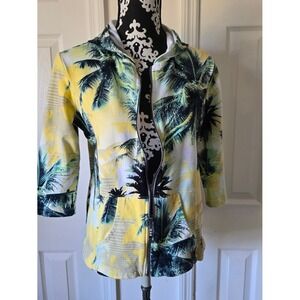 Womens Onque Casual Tropical Palm Tree 3/4 Sleeve Zip Up Hoodie Yellow Green